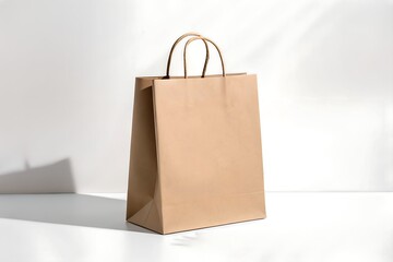 A realistic beige shopping bag with twisted paper handles stands against a bright white background