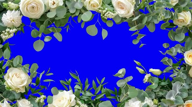 White flower frame animation, transparent 4K video, green screen