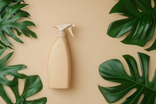 Simulated cleaning product bottle presentation on neutral beige background with vibrant green tropical leaves