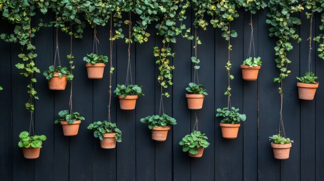 Hanging Potted Plants on Dark Wooden Wall