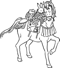 鳥獣戯画　うさぎとカエルが甲冑を着けて馬に乗るイラストレーション