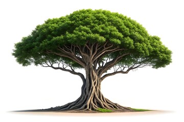 An enormous banyan tree displays massive roots and plentiful green leaves against a transparent background