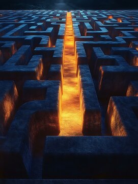 Abstract line art of a maze with clear single path glowing in contrast to all other options, concept of essentialism Focus and Productivity Clarity and Purpose Time Blocking and Goal Setting