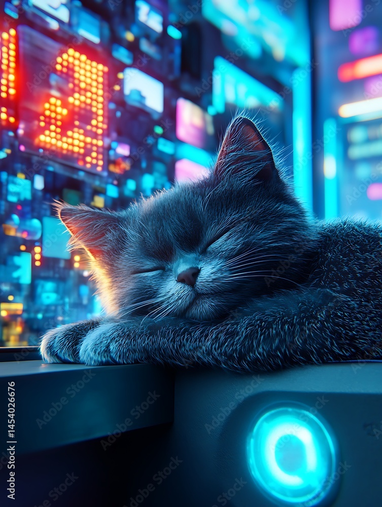 Poster A gray kitten sleeps peacefully on a futuristic looking surface. The background is a vibrant array of glowing teal and pink digital screens and circuitry.  The kitten is depicted in a pixelated
