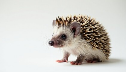 Close-up of a single hedgehog on a pristine white backdrop, one, portrait, profile