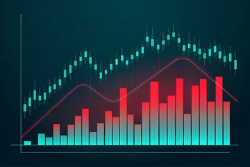 Naklejka premium Candlestick with line and bar charts showcases ascending trends against a grid backdrop
