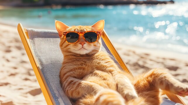 Photograph of a relaxed orange cat wearing sunglasses in a beach chair.