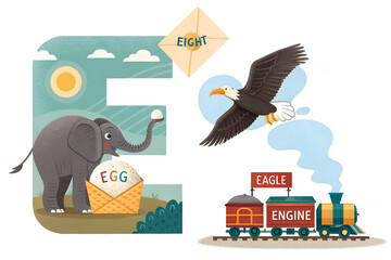 Illustrated Letter 'E' with Elephant, Egg, Eagle, Engine, and Eight – Creative Alphabet Art