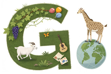 Illustrated Letter 'G' with Grapes, Goat, Guitar, Globe, and Giraffe – Creative Alphabet Art