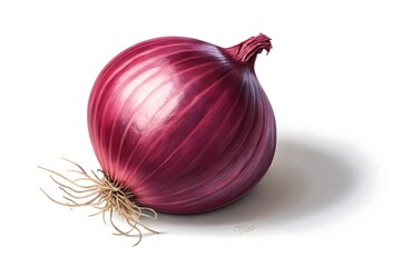One photorealistic red onion with roots is rendered against a clean white background