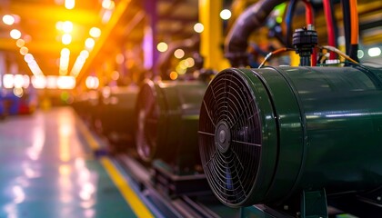 Industrial Factory Cooling System Powerful Green Fans in a Modern Manufacturing Plant