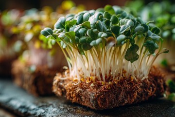 Close-up of radish microgreens showing fresh, green cotyledons and white stems on a damp surface, healthy eating concept.