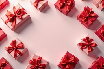 Elegant red ribbon adorned gift boxes, repeating pattern, vintage, stripe, luxury