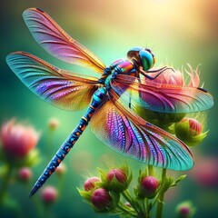 stunningly colorful dragonfly perches delicately on a blooming flower, its iridescent wings shimmering with shades of blue, purple, orange, and gold.