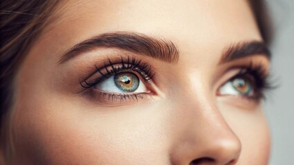 Obraz premium Extreme close-up of a captivating human eye, showcasing intricate iris patterns and long, detailed eyelashes. Focuses on beauty, vision, and the complexity of the human eye. 