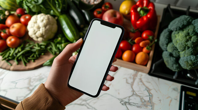 Over the shoulder shot of  smartphone with a completely white screen, standing on top of healthy food items like fruits and vegetables, in front of a kitchen counter.