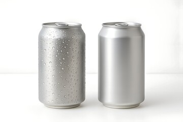 Two shiny aluminum cans stand on a white surface, one covered in condensation droplets