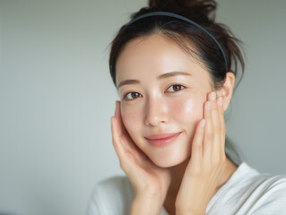 Portrait of a young Asian woman with glowing bare skin and a gentle smile, touching her face during skincare routine