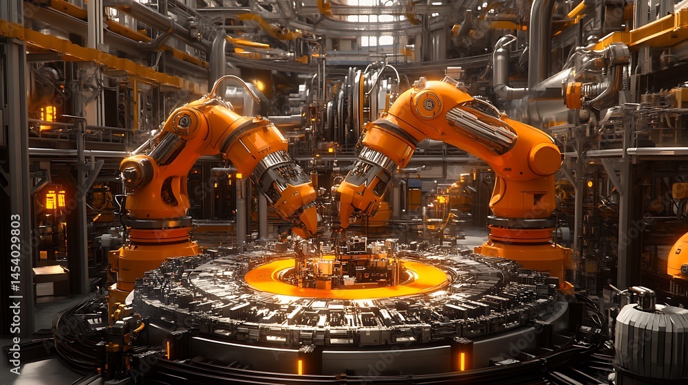 Poster two orange robotic arms collaborate around a glowing circular platform in a futuristic industrial se