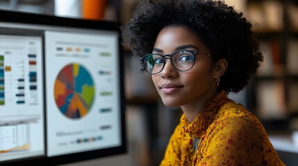 Professional young African American woman with glasses analyzing colorful data charts on large computer monitor in modern office environment