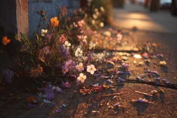 Golden hour illuminates white, orange, violet wildflowers blooming near a weathered wall along a sidewalk