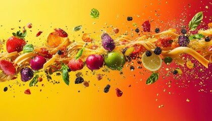 A vivid explosion of colorful food ingredients against a bright yellow-to-red gradient background.
