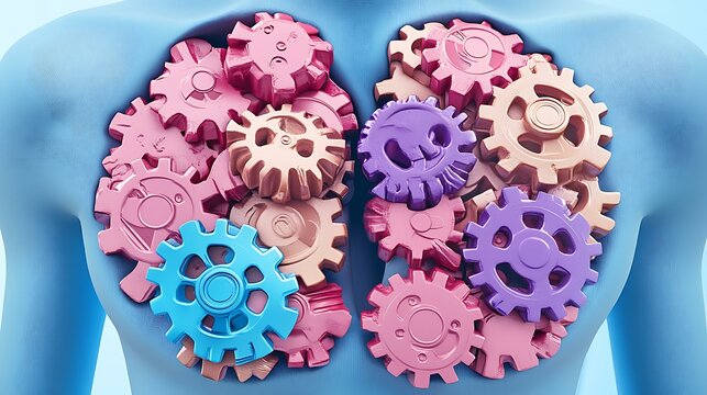 Abstract concept of gear wheels turning inside a person chest symbolizing passion-powered action Autonomy and Self-Direction Mastery and Skill Growth Purpose and Meaningful Work