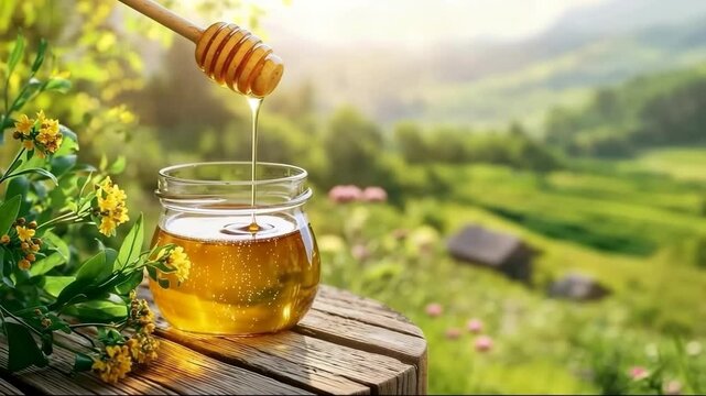 Honey pouring from honey dipper into jar, close-up, sunny landscape with flower meadows, slow motion