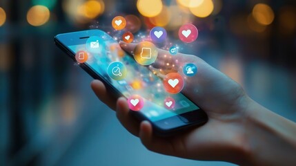 Hand holding a smartphone with floating like and comment icons