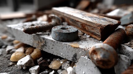 Rusty metal pieces on debris