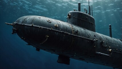 Detailed View of a Submerged Submersible Vessel with Visible Rivets and Pipes in Murky Blue Ocean Water
