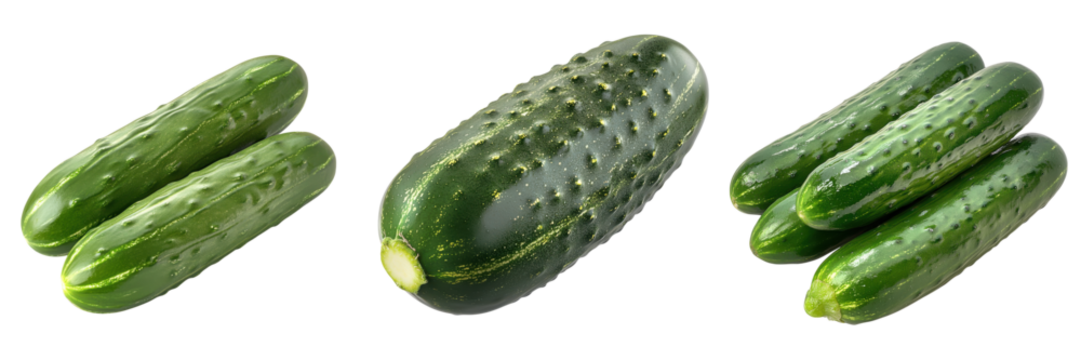 Set of Fresh cucumbers displayed in various arrangements ,isolate on transparent background