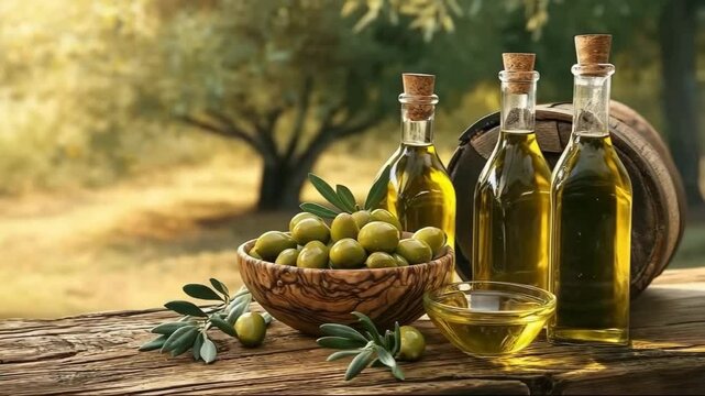 Bottle of olive oil, bowl of harvested olives, olive tree background, slow motion