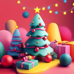 Festive 3D render of two Christmas trees, presents, and colorful ornaments against a red background with string lights. The style is cartoonish and playful