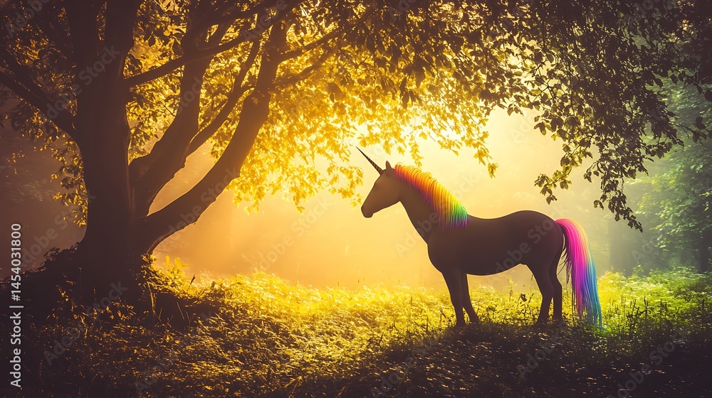 Poster rainbow maned unicorn standing in a mystical forest at dawn. golden light filters through the leaves