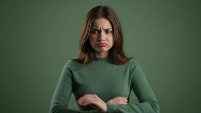 Portrait of a Displeased Young Woman with Arms Crossed Against a Green Background