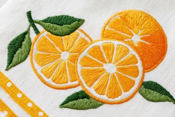 Vibrant embroidery of sliced oranges with green leaves on textured fabric, showcasing intricate stitching details and bright colors, perfect for decorative purposes and culinary themes