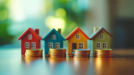 Colorful miniature house models with stacks of coins representing real estate investment savings and financial growth concepts on blurred background