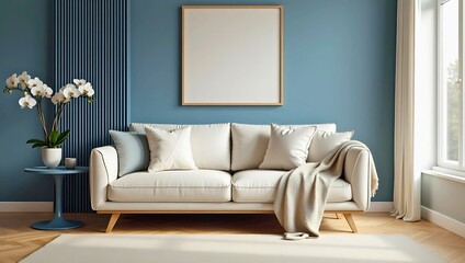 Obraz premium Minimalist Living Room Interior with Cream Sofa, Blue Accent Wall, Blank Frame, and Elegant Orchid Decor