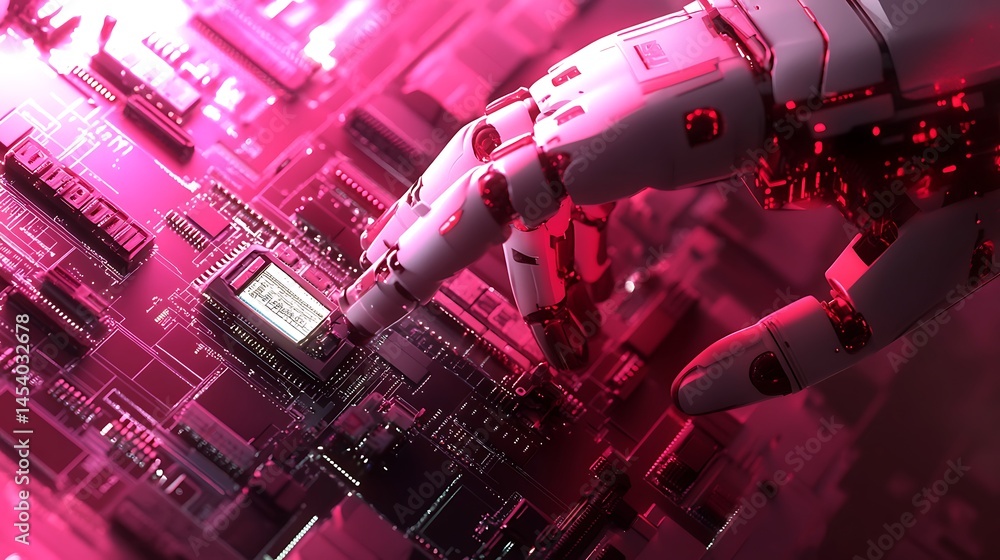 Poster robotic hand interacts with a circuit board in a close up shot. the scene is dramatically lit with p