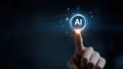 Human finger touching a glowing AI symbol on a digital interface