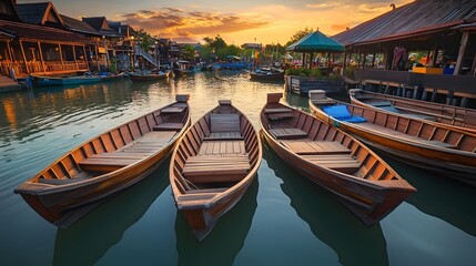 Obraz premium The Pattaya Floating Market with a picturesque view of canals filled with wooden boats