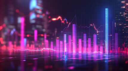 Vibrant digital financial data visualization featu colorful bar graphs line charts and glowing effects representing market trends and stock analysis