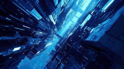 Abstract Deep Dive into a Futuristic Blue Cubic Structure Perspective