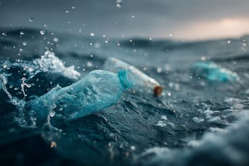 Plastic bottle floating within ocean water surrounded by splashing droplets, symbolizing pollution problem and environmental conservation