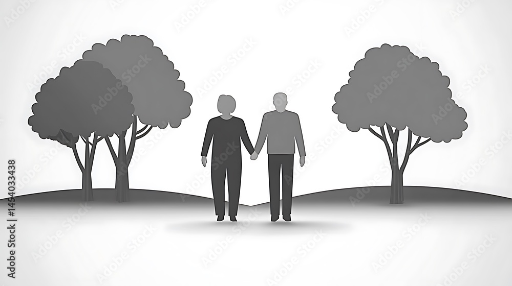 Poster silhouette of a couple holding hands, walking between two trees on a gently sloping hill. grayscale 
