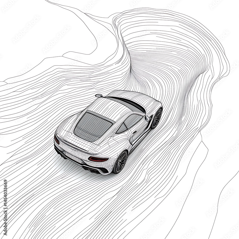Aufkleber high angle view of a silver sports car speeding on a road, depicted in a pointillist style with moti