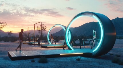Futuristic outdoor exercise station complex design.