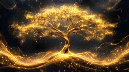 Glowing Tree of Light with Sparkling Golden Leaves and Radiant Roots Surrounded by Luminescent Particles in a Mystical Dark Forest Scene