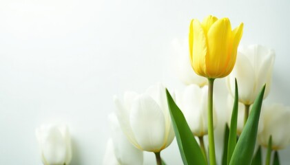 Obraz premium Lone yellow tulip amongst white tulips, pure white backdrop, plant, leaf, element